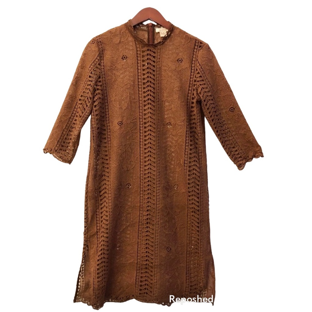 SUNDANCE Sheer Floral Western Lace Zip Back Dress in Brown
